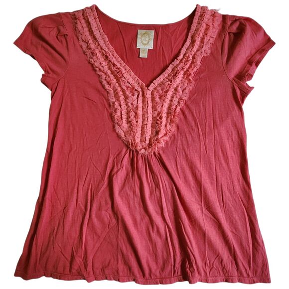 Ric Rac Coral Pink Ruffled Smocked Short Sleeve Top Sz S - Picture 1 of 11
